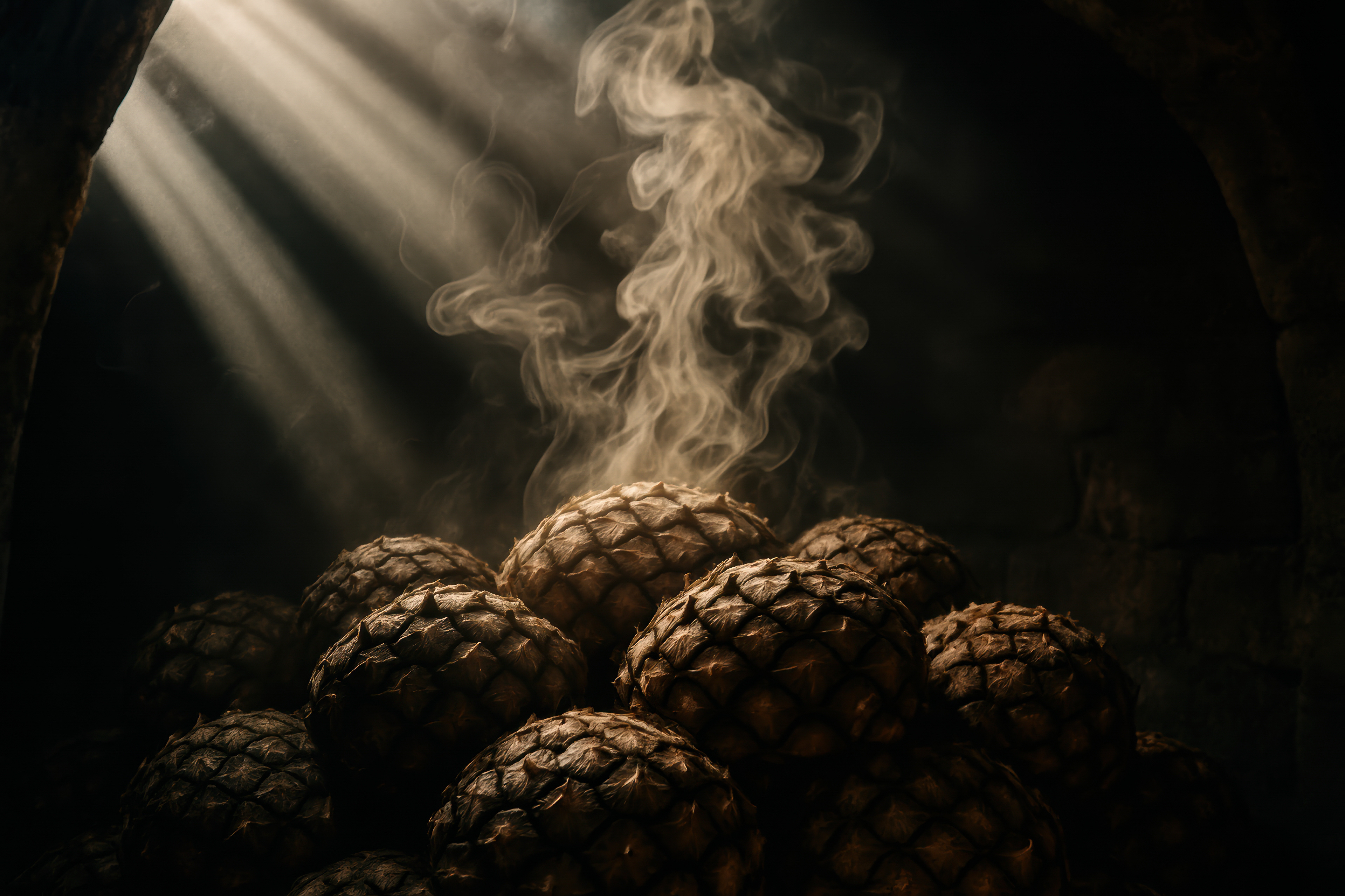 Piñas de agave con humo y rayos de luz